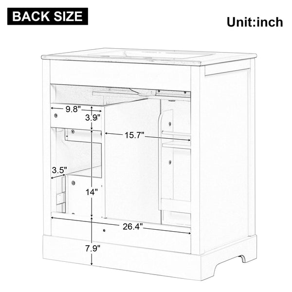 English Elm 30" Modern White Bathroom Vanity with Ceramic Sink, Solid Poplar & MDF, 1 Door 2 Drawers, 33.5" L N725P198484K