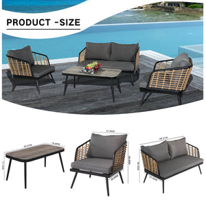 English Elm 4 Piece Patio Rattan Set with High-Rebound Cushions and Wood-Grain Tempered Glass Tabletop, Stylish Outdoor Conversation Sofa for Garden Balcony Poolside Black+Natural W2337S00003