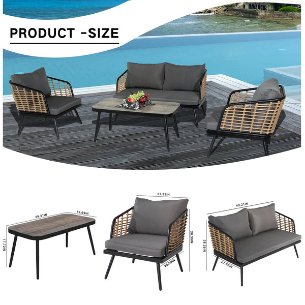English Elm 4 Piece Patio Rattan Set with High-Rebound Cushions and Wood-Grain Tempered Glass Tabletop, Stylish Outdoor Conversation Sofa for Garden Balcony Poolside Black+Natural W2337S00003