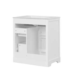 English Elm 30" Modern White Bathroom Vanity with Ceramic Sink, Solid Poplar & MDF, 1 Door 2 Drawers, 33.5" L N725P198484K