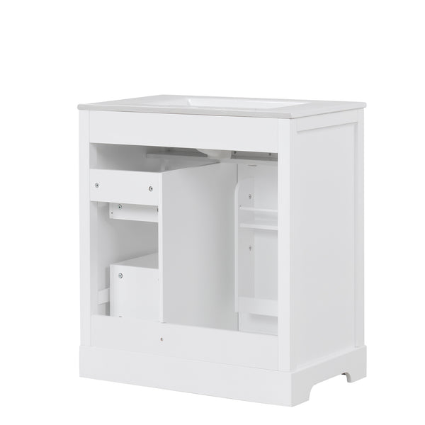 English Elm 30" Modern White Bathroom Vanity with Ceramic Sink, Solid Poplar & MDF, 1 Door 2 Drawers, 33.5" L N725P198484K
