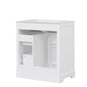 English Elm 30" White Bathroom Vanity Solid Wood Mdf Cabinet Two Drawers with Ceramic Sink Top N725P369592K