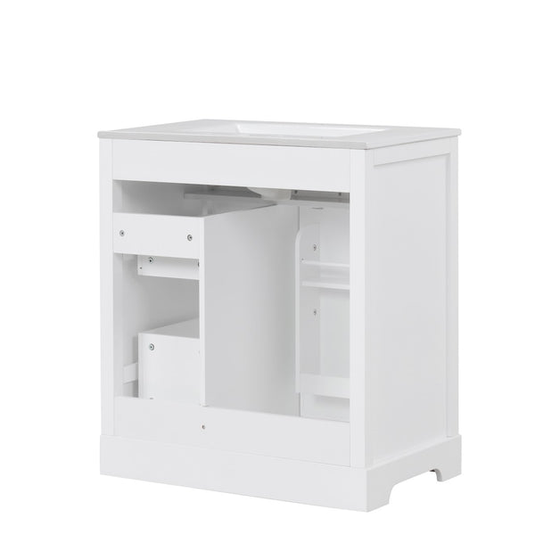 English Elm 30" White Bathroom Vanity Solid Wood Mdf Cabinet Two Drawers with Ceramic Sink Top N725P369592K
