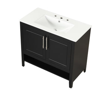 English Elm 36" Modern Black Bathroom Vanity with Ceramic Sink, Solid Wood & MDF, 2 Doors 2 Drawers Shelf WF319758AAB
