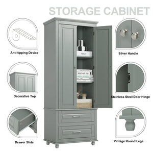 English Elm Tall Slim Storage Cabinet with Adjustable Shelves, 2 Drawers & Doors, Anti-Tip Design for Bathroom Grey WF299284AAE