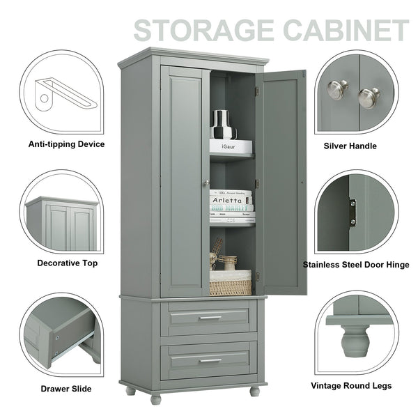 English Elm Tall Slim Storage Cabinet with Adjustable Shelves, 2 Drawers & Doors, Anti-Tip Design for Bathroom Grey WF299284AAE