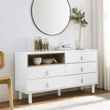 Hearth and Haven Hike Dresser with Open Storage, 5 Drawers and Leather Handles, White W1781P148614