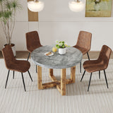 English Elm A Modern and Practical Circular Dining Table. Made Of Mdf Tabletop and Wooden Mdf Table Legs.A Set Of 4 Brown Cushioned Chairs In A Modern Medieval Style Restaurant. Ct-403 B0502A