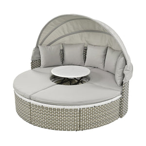 English Elm TOPMAX All-Weather Rattan Round Sectional Daybed with Retractable Canopy, Adjustable Table & Cushions Gray SP100023AAE