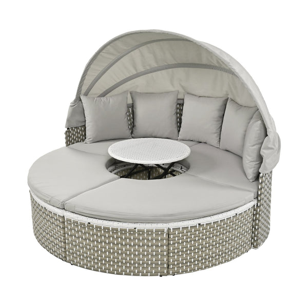 English Elm TOPMAX All-Weather Rattan Round Sectional Daybed with Retractable Canopy, Adjustable Table & Cushions Gray SP100023AAE