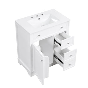 English Elm 30" Modern White Bathroom Vanity with Ceramic Sink, Solid Poplar & MDF, 1 Door 2 Drawers, 33.5" L N725P198484K