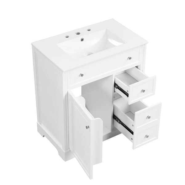 English Elm 30" Modern White Bathroom Vanity with Ceramic Sink, Solid Poplar & MDF, 1 Door 2 Drawers, 33.5" L N725P198484K