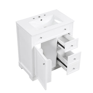 English Elm 30" White Bathroom Vanity Solid Wood Mdf Cabinet Two Drawers with Ceramic Sink Top N725P369592K