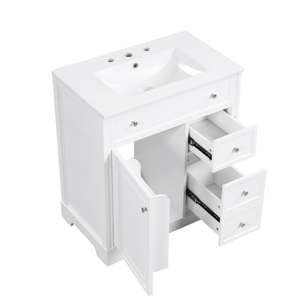 English Elm 30" White Bathroom Vanity Solid Wood Mdf Cabinet Two Drawers with Ceramic Sink Top N725P369592K