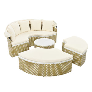 English Elm TOPMAX All-Weather Rattan Round Sectional Daybed with Retractable Canopy, Adjustable Table & Cushions Beige SP100023AAA