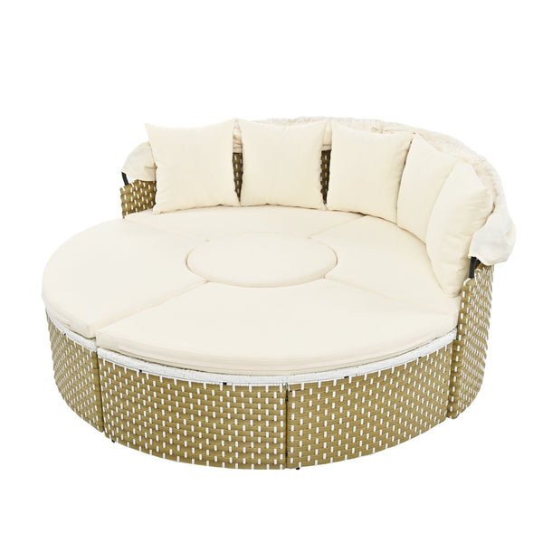 English Elm TOPMAX All-Weather Rattan Round Sectional Daybed with Retractable Canopy, Adjustable Table & Cushions Beige SP100023AAA