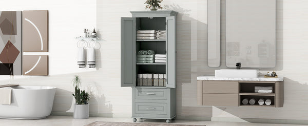 English Elm Tall Slim Storage Cabinet with Adjustable Shelves, 2 Drawers & Doors, Anti-Tip Design for Bathroom Grey WF299284AAE