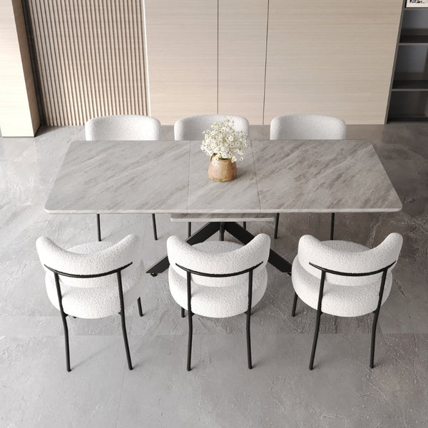 English Elm 62.4" Extendable Mdf Dining Table Set Seats 8 with Upholstered Curved Backrest Chairs Grey+White W2189S00944