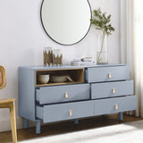 Hearth and Haven Hike Dresser with Open Storage, 5 Drawers and Leather Handles, Blue W1781P148615