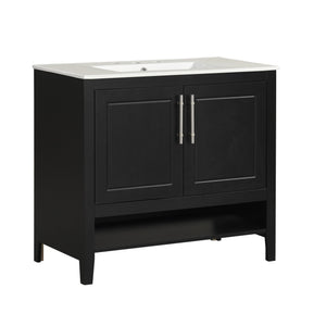 English Elm 36" Modern Black Bathroom Vanity with Ceramic Sink, Solid Wood & MDF, 2 Doors 2 Drawers Shelf WF319758AAB