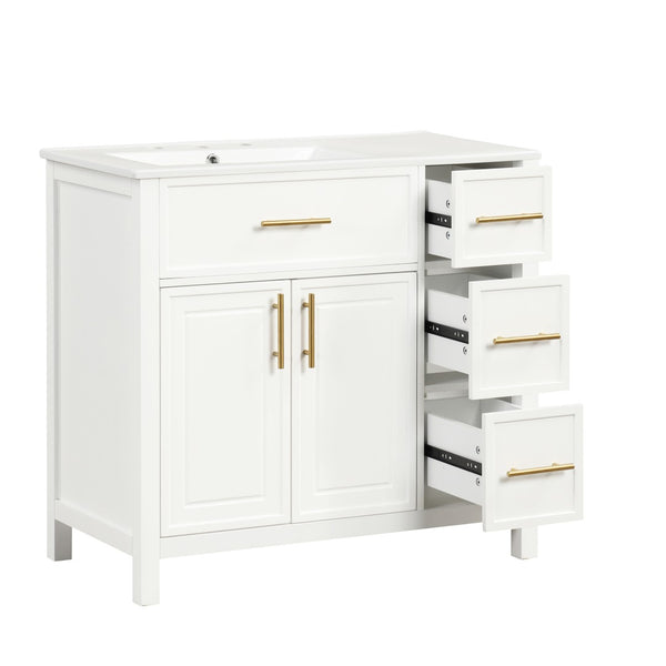 English Elm 36" Matte Freestanding Bathroom Vanity Solid Wood Cabinet Ceramic Sink Three Drawers White N725P364205K