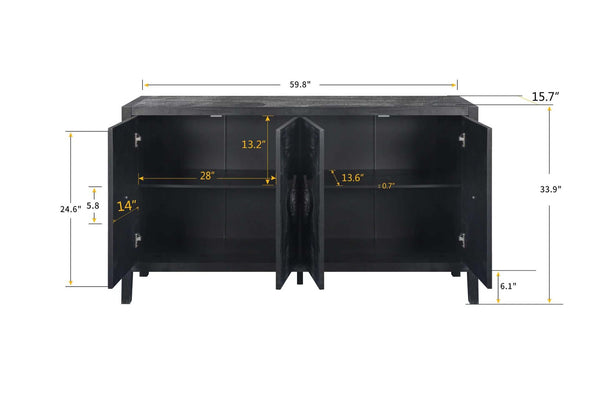 English Elm Carved Floral Handle Pine Veneer Sideboard Antique Four Door Buffet Cabinet W1445P146387