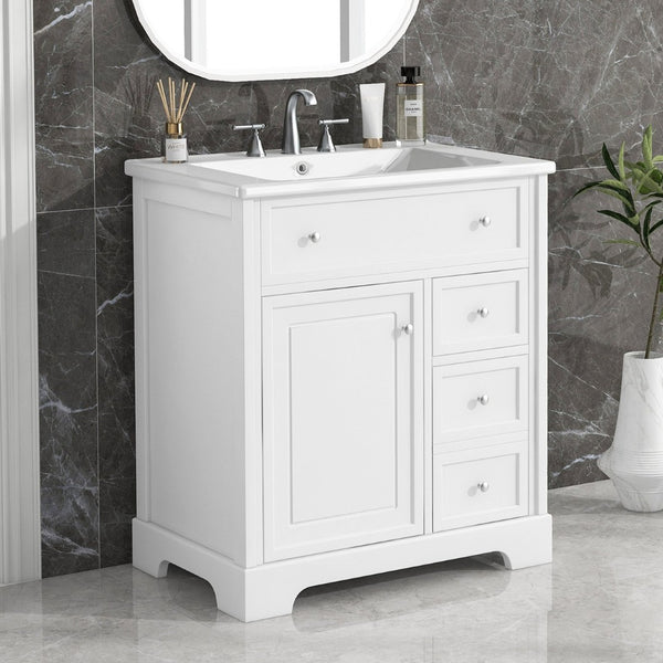English Elm 30" White Bathroom Vanity Solid Wood Mdf Cabinet Two Drawers with Ceramic Sink Top N725P369592K