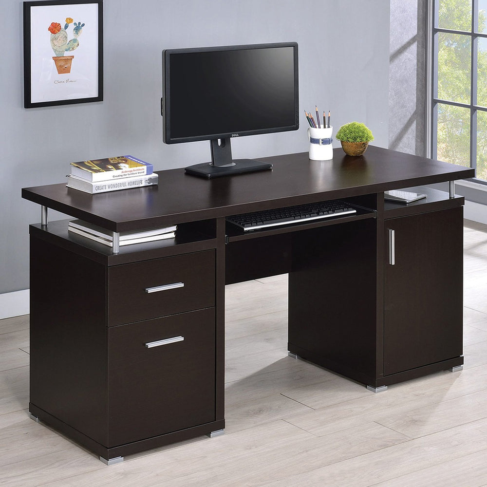 English Elm Computer Desk Cappuccino with 2 Drawers, Cabinet & Keyboard Tray — Adjustable Shelf, File Storage (98) B016P162591