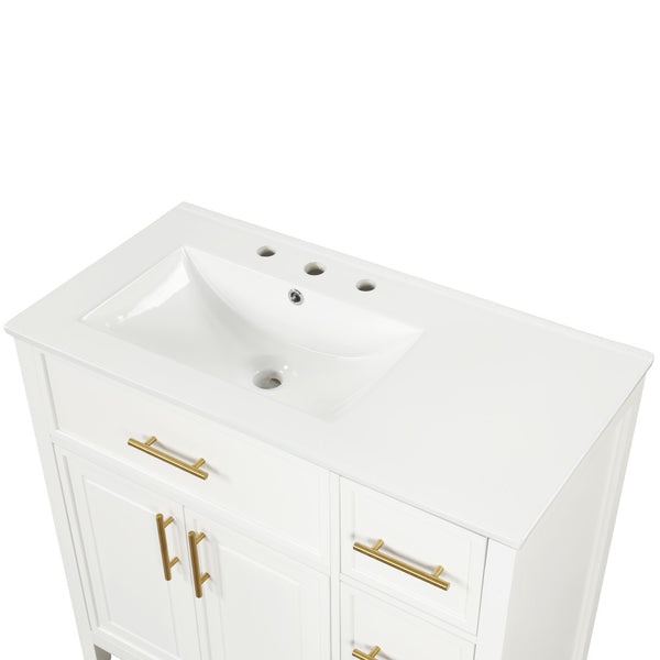 English Elm 36" Freestanding Bathroom Vanity Rubberwood Mdf Ceramic Sink Three Drawers White N725P198316K