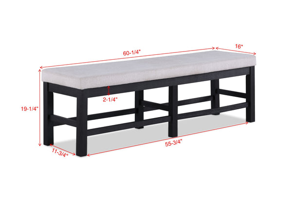 English Elm 1pc Black Finish Long Bench 60.3" x16" x19.3" Gray Upholstered Seat Modern Transitional Dining Accent B011P162541