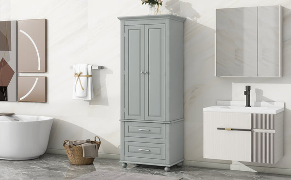 English Elm Tall Slim Storage Cabinet with Adjustable Shelves, 2 Drawers & Doors, Anti-Tip Design for Bathroom Grey WF299284AAE