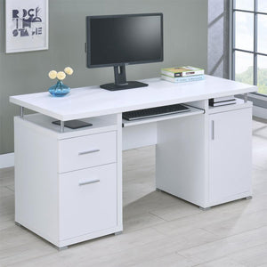 English Elm 55-inch White Computer Desk with Slide-Out Keyboard Tray, Adjustable Shelf, File & Drawer Storage, Silver Metal Accents B016P210454