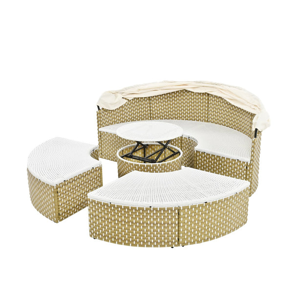 English Elm TOPMAX All-Weather Rattan Round Sectional Daybed with Retractable Canopy, Adjustable Table & Cushions Beige SP100023AAA