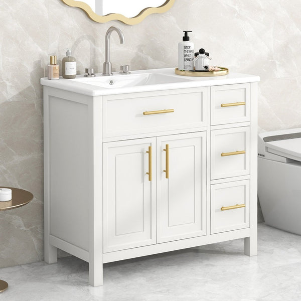 English Elm 36" Matte Freestanding Bathroom Vanity Solid Wood Cabinet Ceramic Sink Three Drawers White N725P364205K