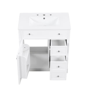 English Elm 30" Modern White Bathroom Vanity with Ceramic Sink, Solid Poplar & MDF, 1 Door 2 Drawers, 33.5" L N725P198484K