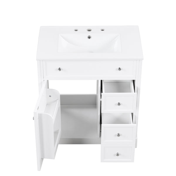 English Elm 30" Modern White Bathroom Vanity with Ceramic Sink, Solid Poplar & MDF, 1 Door 2 Drawers, 33.5" L N725P198484K