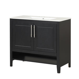 English Elm 36" Modern Black Bathroom Vanity with Ceramic Sink, Solid Wood & MDF, 2 Doors 2 Drawers Shelf WF319758AAB