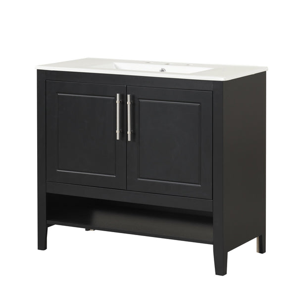 English Elm 36" Modern Black Bathroom Vanity with Ceramic Sink, Solid Wood & MDF, 2 Doors 2 Drawers Shelf WF319758AAB
