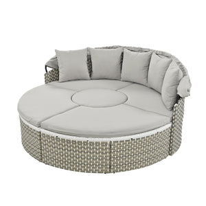 English Elm TOPMAX All-Weather Rattan Round Sectional Daybed with Retractable Canopy, Adjustable Table & Cushions Gray SP100023AAE