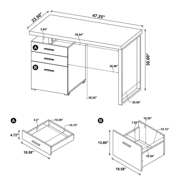 English Elm 3-Drawer Office Desk with Filing Cabinet and Two Silver-Handled Drawers for Organized Home Workspaces Cappuccino B016P163565