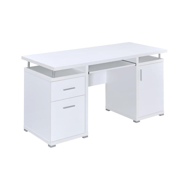 English Elm 55-inch White Computer Desk with Slide-Out Keyboard Tray, Adjustable Shelf, File & Drawer Storage, Silver Metal Accents B016P210454