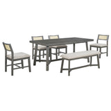 English Elm Trexm 6-Piece Retro Farmhouse Style Dining Set, Rectangular Table and 4 Upholstered Chairs With Rattan and Bench For Dining Room and Kitchen (Gray)