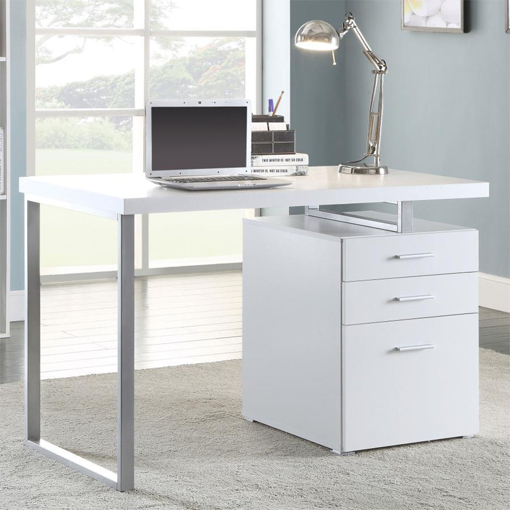 English Elm Writing Desk Chic White with 3 Drawers, Chrome Metal Frame, File Cabinet for Legal & Letter Storage perfect for Glam Home Office B016P162611