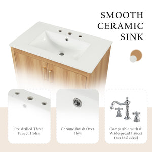 English Elm 30" Freestanding Bathroom Vanity Natural Wood Mdf Cabinet Ceramic Sink Combo N725P366464N