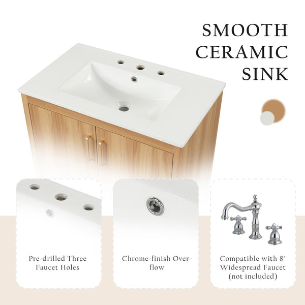 English Elm 30" Freestanding Bathroom Vanity Natural Wood Mdf Cabinet Ceramic Sink Combo N725P366464N