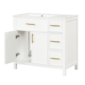 English Elm 36" Matte Freestanding Bathroom Vanity Solid Wood Cabinet Ceramic Sink Three Drawers White N725P364205K