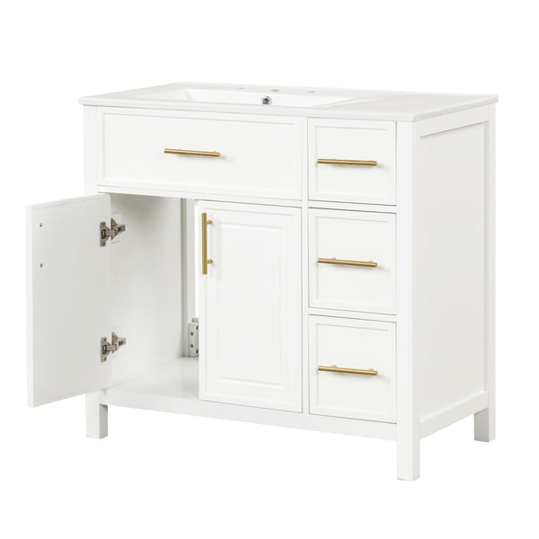 English Elm 36" Matte Freestanding Bathroom Vanity Solid Wood Cabinet Ceramic Sink Three Drawers White N725P364205K