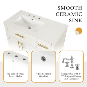 English Elm 36" Matte Freestanding Bathroom Vanity Solid Wood Cabinet Ceramic Sink Three Drawers White N725P364205K