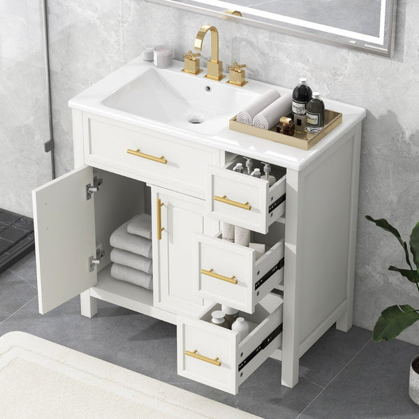 English Elm 36" Freestanding Bathroom Vanity Rubberwood Mdf Ceramic Sink Three Drawers White N725P198316K
