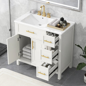English Elm 36" Matte Freestanding Bathroom Vanity Solid Wood Cabinet Ceramic Sink Three Drawers White N725P364205K